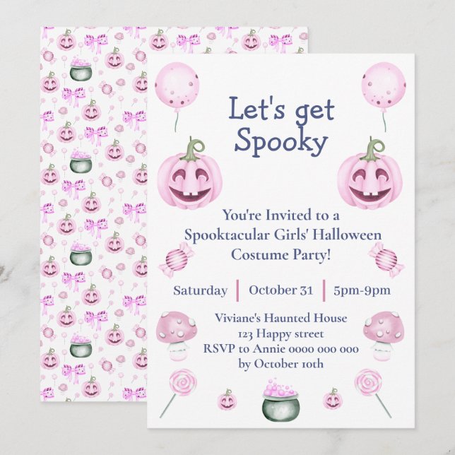 Invitación de fiesta de Halloween femenina rosa (Anverso / Reverso)