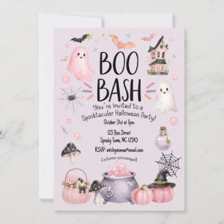 Invitación de fiesta de Halloween femenina rosa y