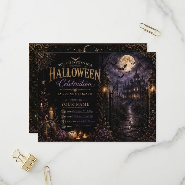 Invitación de fiesta de Halloween gótica de lujo | (Anverso/Reverso In Situ)