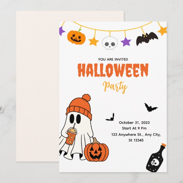 Invitación de fiesta de Halloween linda con fantas (Anverso / Reverso)