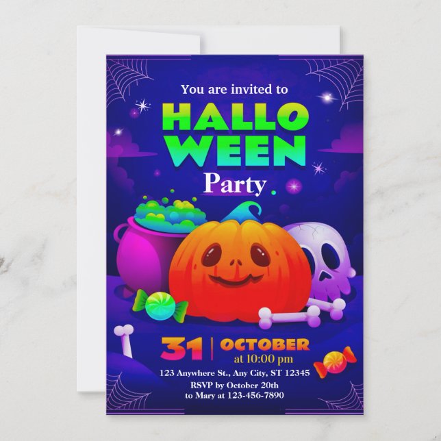 Invitación de fiesta de Halloween linda y espeluzn (Anverso)