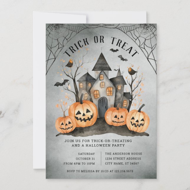 Invitación de fiesta de halloween o truco (Anverso)