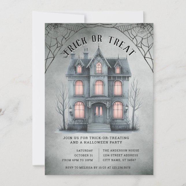 Invitación de fiesta de halloween o truco (Anverso)