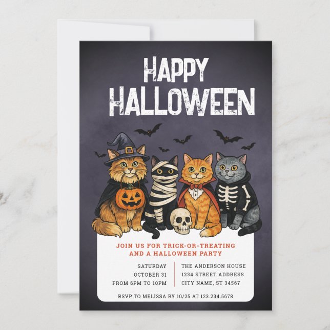 Invitación de fiesta de halloween o truco (Anverso)
