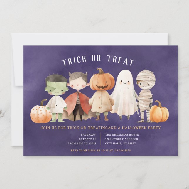 Invitación de fiesta de halloween o truco (Anverso)