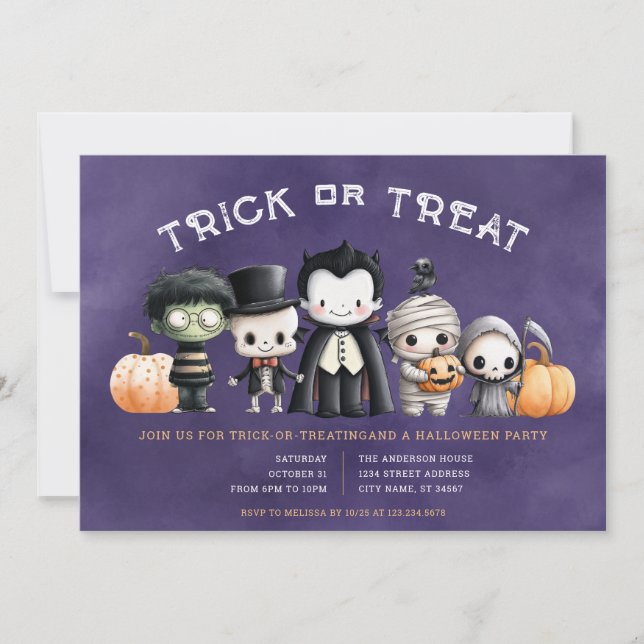 Invitación de fiesta de halloween o truco (Anverso)
