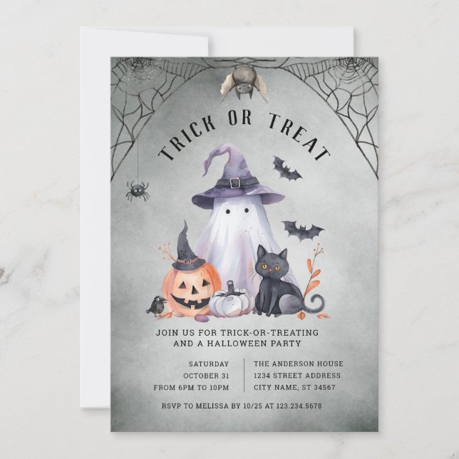 Invitación de fiesta de halloween o truco (Anverso)