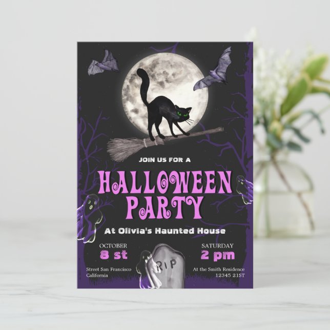 Invitación de fiesta de Halloween para Gato Negro  (Anverso de pie)
