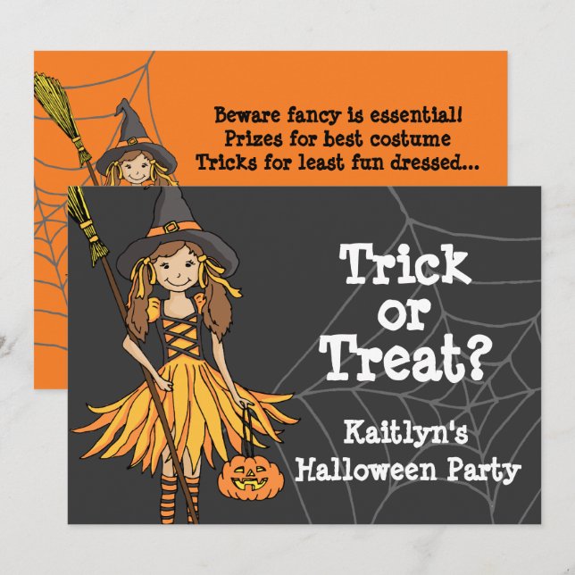 Invitación de fiesta de Halloween para niñas 'Truc (Anverso / Reverso)