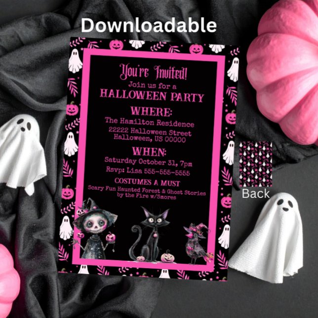Invitación de fiesta de Halloween rosa, negro y bl (Subido por el creador)
