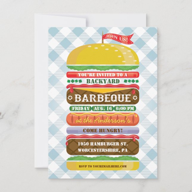 Invitación de fiesta de hamburguesa apilada (Anverso)