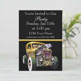 invitación de fiesta de Hot Rod amarillo con franj