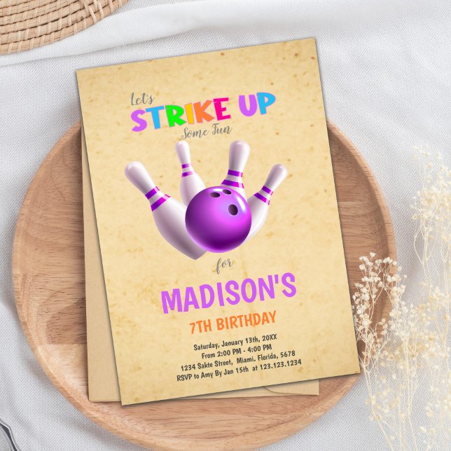 Invitación de Fiesta de huelga editable para niños (7th Bowling Birthday Invitations)