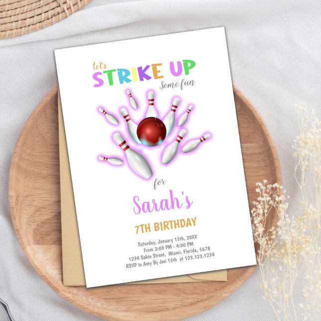 Invitación de Fiesta de huelga infantil editable (White Bowling Birthday Invitations)