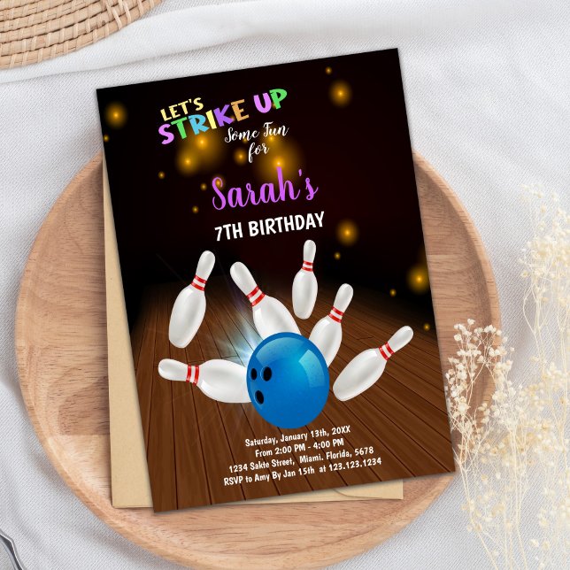 Invitación de Fiesta de huelgas infantil editable  (Blue Bowling Birthday Invitations)