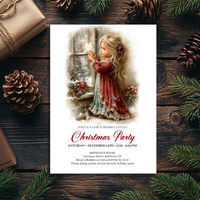 Invitación de fiesta de invierno Chica linda Arte  (Winter Party Invitation Cute Girl Winter Scene Art)