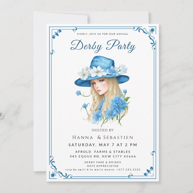 Invitación de fiesta de jardín con sombrero azul e (Anverso)