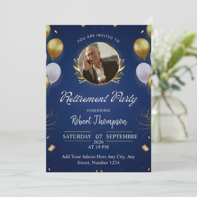 Invitación de fiesta de jubilación elegante azul y (Anverso de pie)