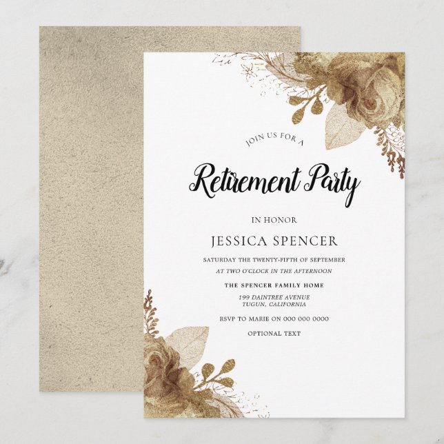 Invitación de Fiesta de Jubilación Elegante con Fl (Anverso / Reverso)
