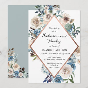 Invitación de fiesta de jubilación floral azul pol