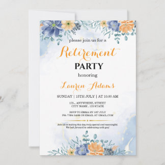 Invitación de fiesta de jubilación floral azul y m