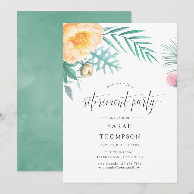 Invitación de fiesta de jubilación floral de menta (Anverso / Reverso)