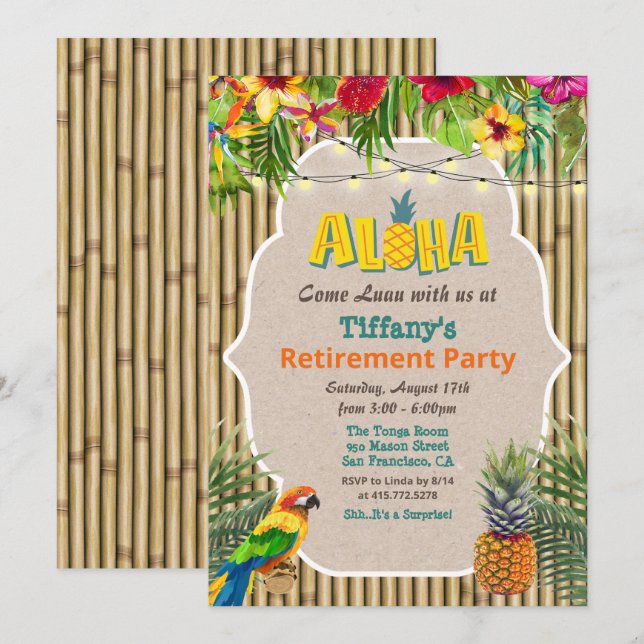 Invitación de fiesta de jubilación tropical de lua (Anverso / Reverso)