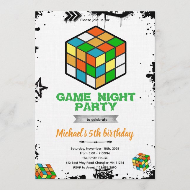Invitación de fiesta de juego de cubo de rompecabe (Anverso)