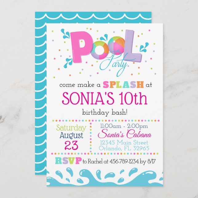 Invitación de fiesta de la piscina de cumpleaños R (Anverso / Reverso)