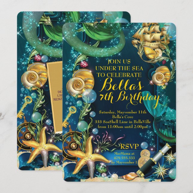 Invitación de Fiesta de la sirena de Sea Pirate (Anverso / Reverso)