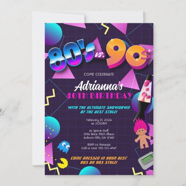 Invitación de fiesta de los 80 vs los 90 o cumplea (Anverso)