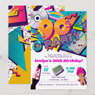 Invitación de fiesta de los años 90, tema de invit