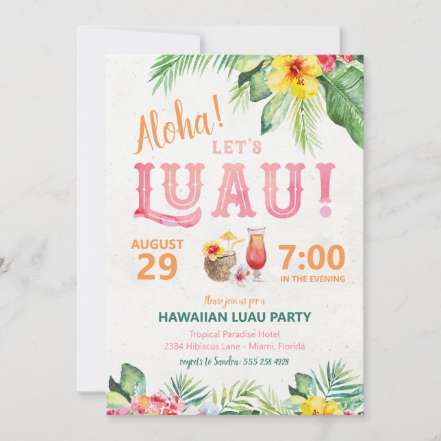 Invitación de fiesta de Luau hawaiano Aloha (Anverso)