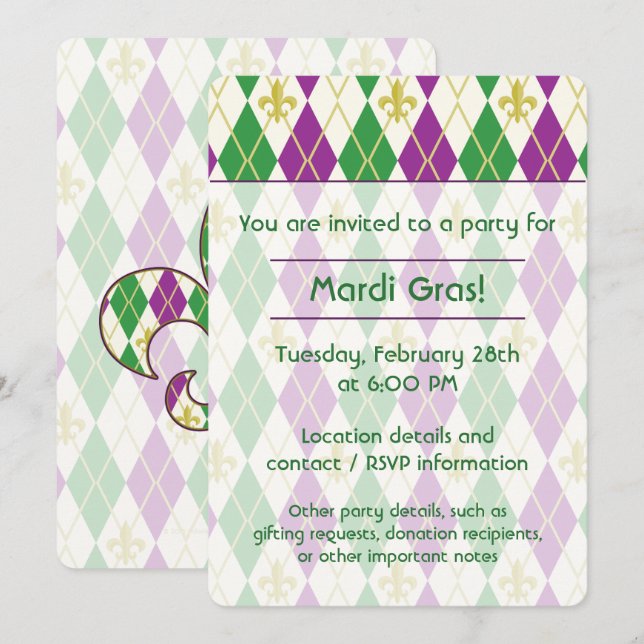 Invitación de fiesta de Mardi Gras Argyle (Anverso / Reverso)