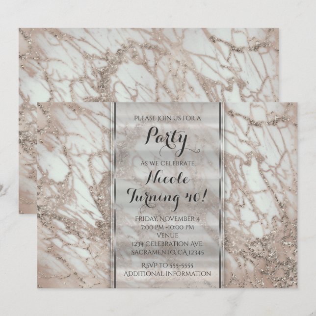 Invitación de fiesta de mármol glam rosa rosa oro  (Anverso / Reverso)