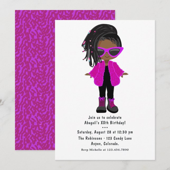 Invitación de fiesta de moda rosa caliente para ni (Anverso / Reverso)