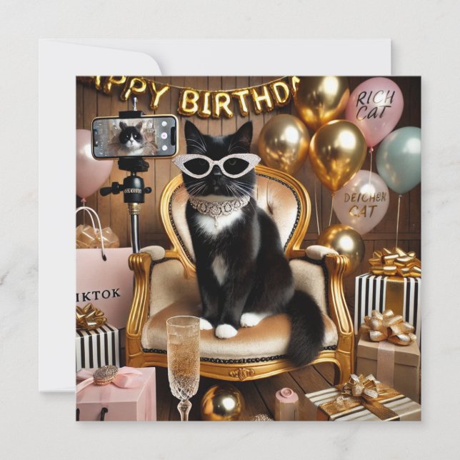 Invitación de fiesta de mujer trabajadora con gato (Anverso)