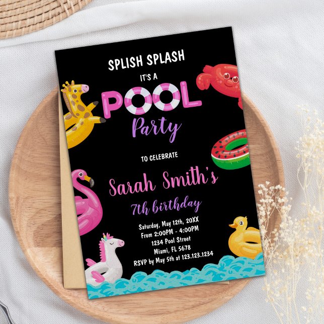 Invitación de Fiesta de natación de verano editabl (Black Red Green Pool Birthday Invitations)