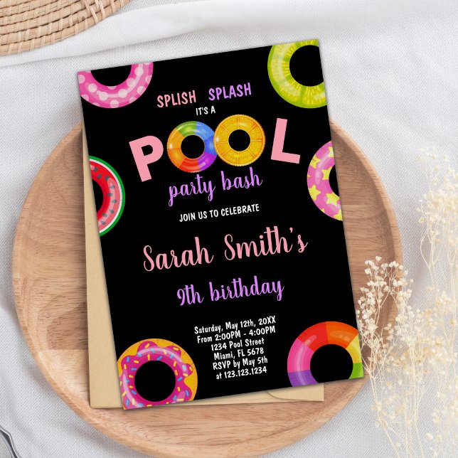 Invitación de Fiesta de natación de verano editabl (Girls Pool Birthday Invitations)