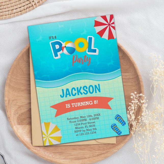 Invitación de Fiesta de natación de verano editabl (Blue Green Pool Birthday Invitations)