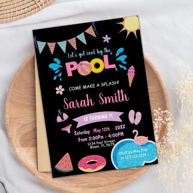 Invitación de Fiesta de natación de verano Guay ed (Black Blue Pool Birthday Invitations)
