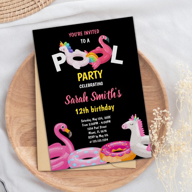 Invitación de Fiesta de natación de verano tropica (Flamingo Unicorn Pool Birthday Invitations)