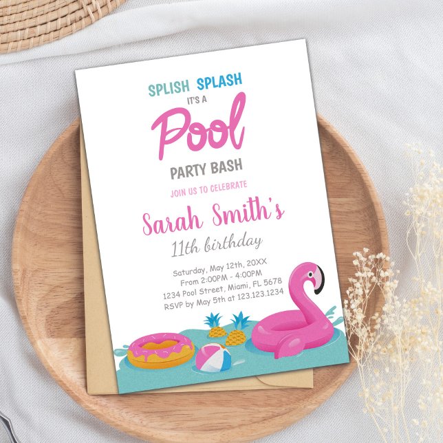 Invitación de Fiesta de natación de verano tropica (Pink Flamingo Pool Birthday Invitations)