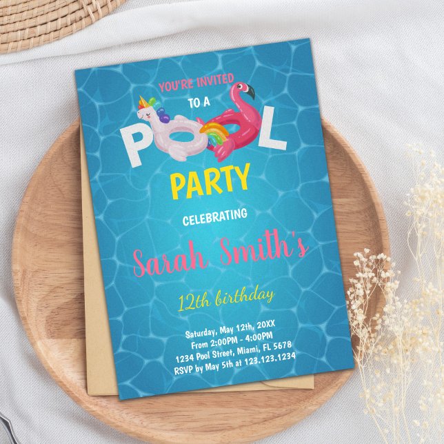 Invitación de Fiesta de natación tropical mágico e (Unicorn Flamingo Pool Birthday Invitations)