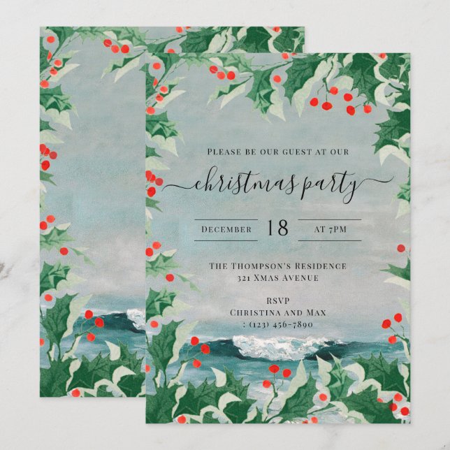 Invitación de fiesta de Navidad acuarela playa cos (Anverso / Reverso)