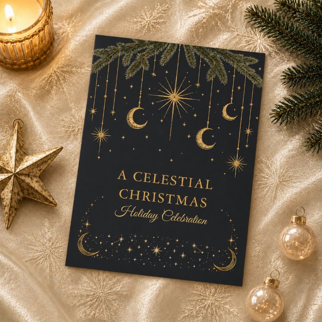Invitación de fiesta de Navidad celestial de oro (Gold Celestial Christmas Holiday Party Invitation)