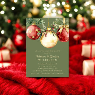 Invitación de fiesta de Navidad con adorno rojo el