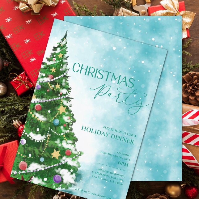 Invitación de fiesta de Navidad con árbol de acuar (Blue Watercolor Tree Christmas Party Invitation)