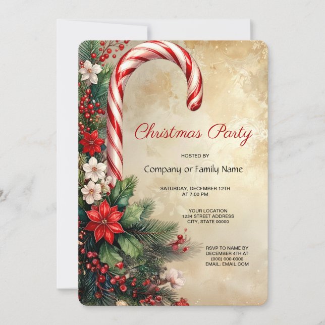 Invitación de fiesta de Navidad con bastón de cara (Anverso)