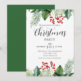 Invitación de fiesta de Navidad con bayas de acebo